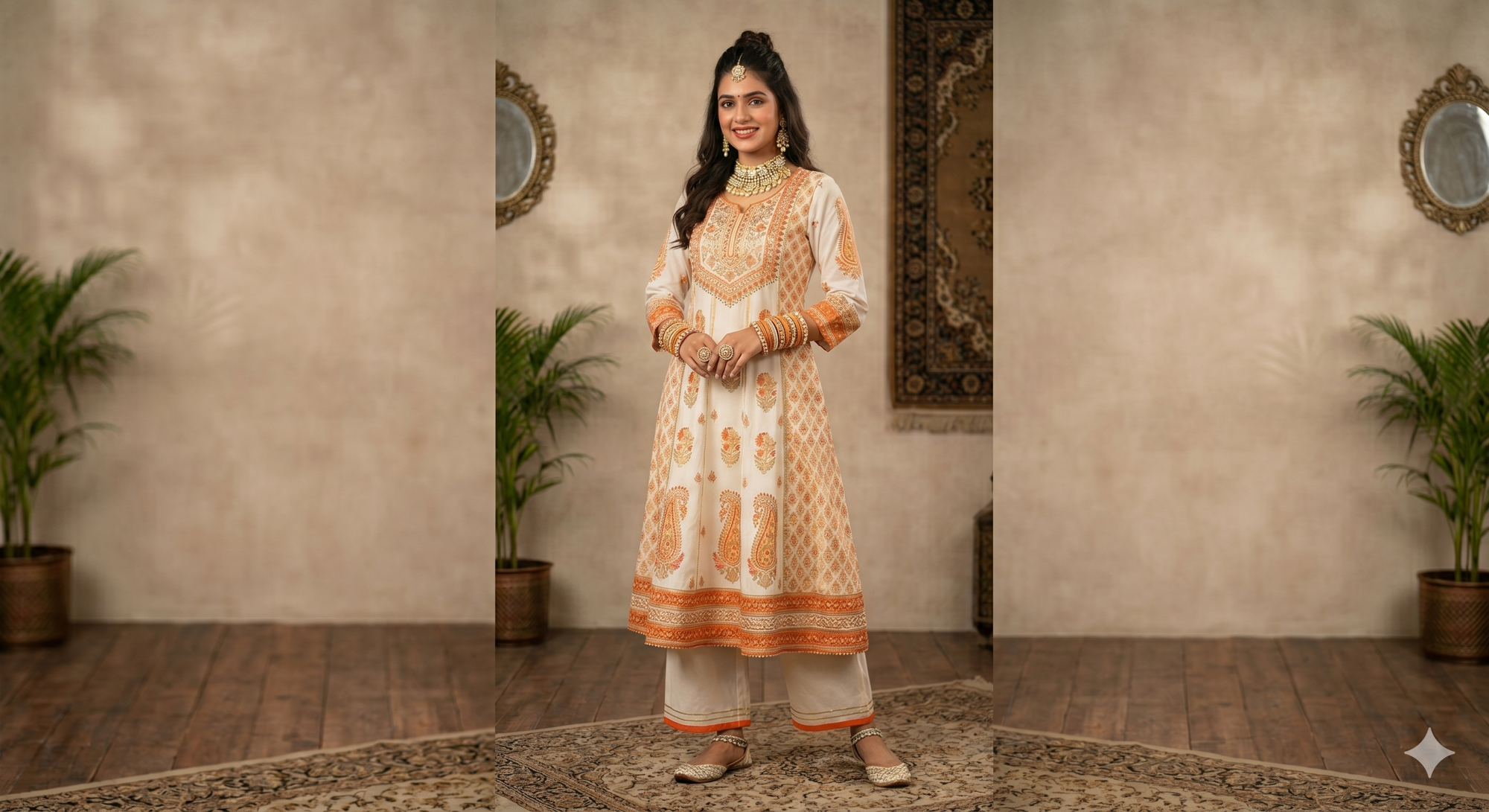 Cream and orange paisley anarkali — generated lifestyle scene